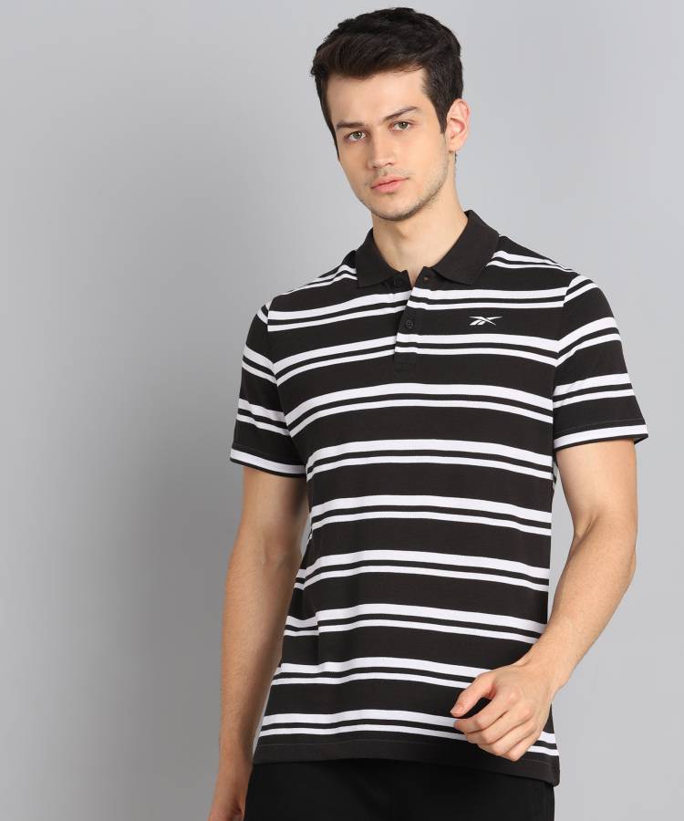 Striped Men Polo Neck Black T-Shirt Price in India