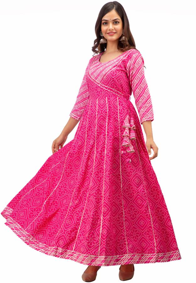 Women Bandhni Print Pure Cotton Gown Kurta Price in India