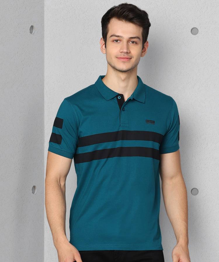 Striped Men Polo Neck Green T-Shirt