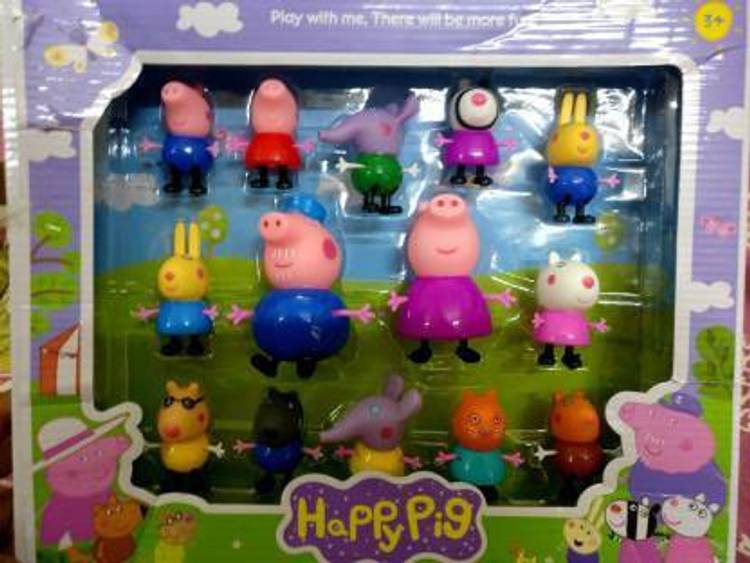 HREYANSH COLLECTION Pig, Pig Family & Friends Toy Set Action Figure - 14 pcs set (Multicolor)ge Pig, Daddy and Mummy pig (Multicolor