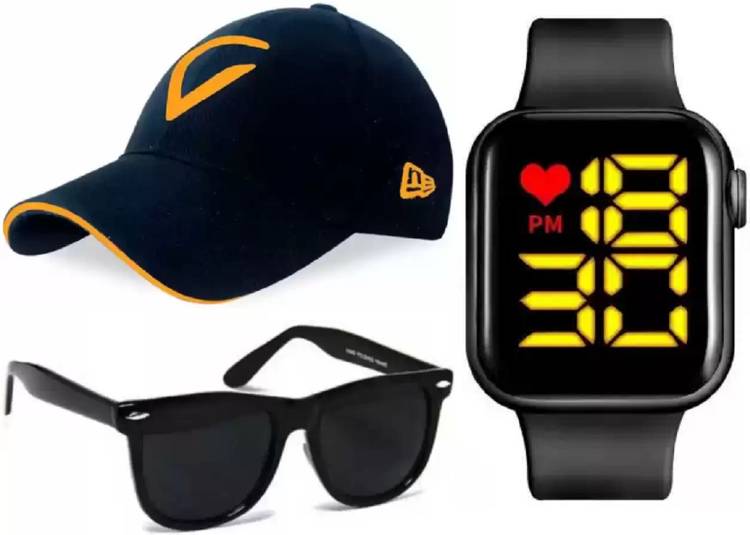 BRAND - A triple combo stylish look combo pack of 3 watch - 01 + cap - 01 + sunglass - 01 best collection for men's and boy's Cap