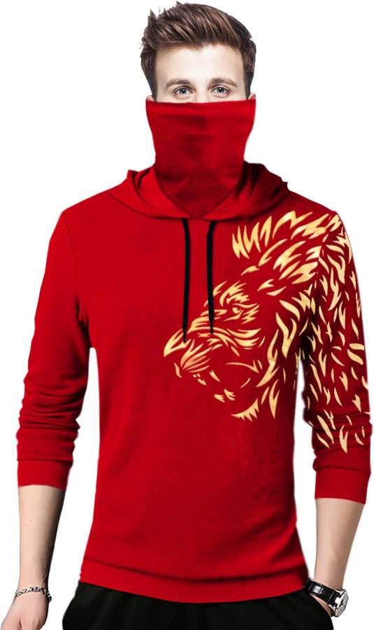 Printed Men Hooded Neck Red T-Shirt Price in India