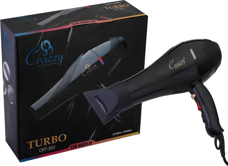 crazzy Professional Turbo CRT-202 Hair Dryer, 2 Speeds/ 3 Heat Setting, Overheating Protection, Cool Shot Function, Styling Concentrator, LED DISPLAY, Hair Dryer Price in India