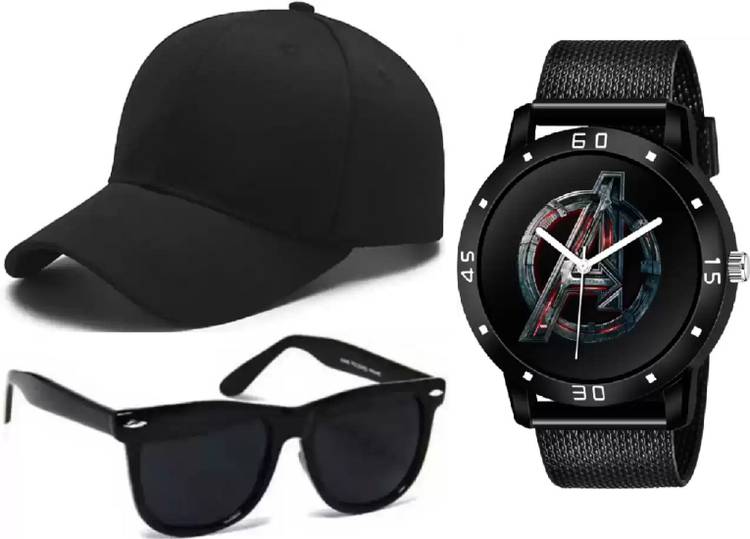 BRAND - A new combo pack of 3 stylish dial watch + stylish sport baseball cap + stylish wayfarer sunglass for men's and boy's Cap