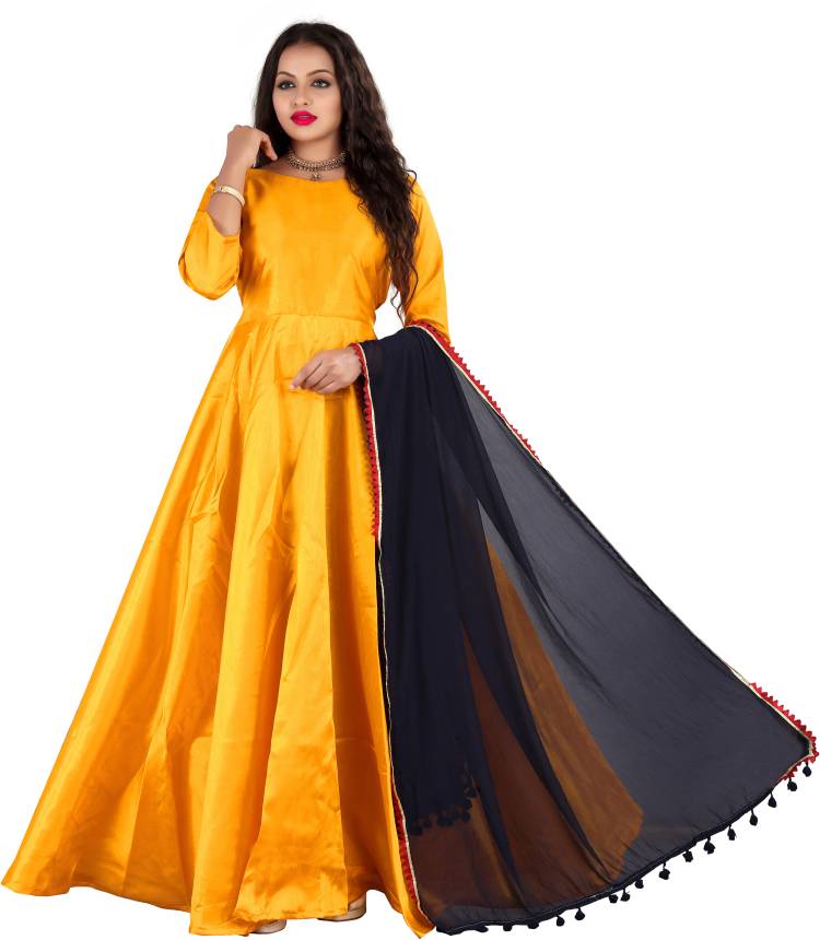 Silk Solid Gown/Anarkali Kurta & Bottom Material Price in India
