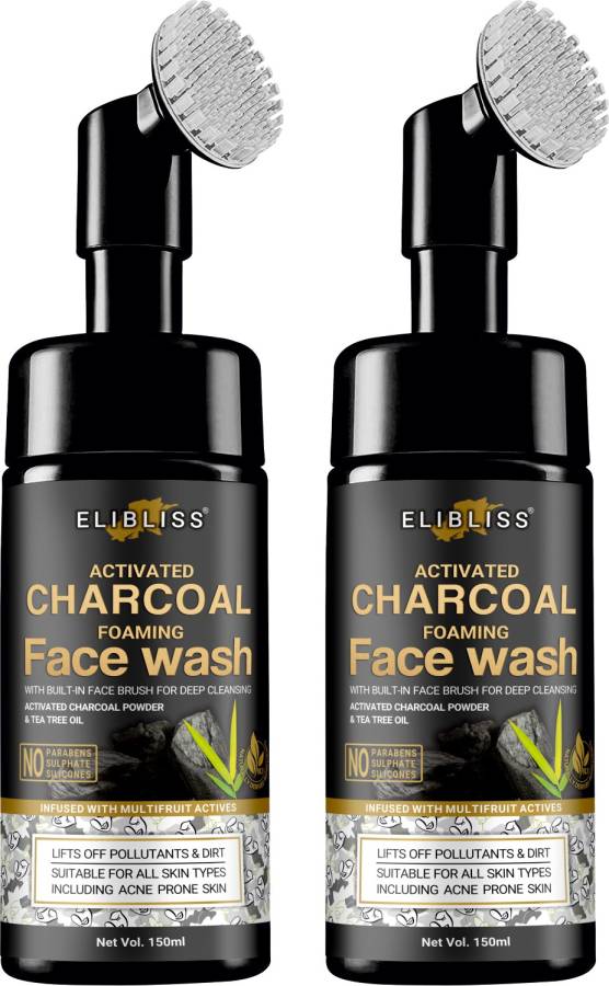 ELIBLISS Activated Charcoal Blackhead Removal, Deep Cleansing & De-Tanning Foaming  with Built-In Face Brush Pack OF 2 Face Wash Price in India