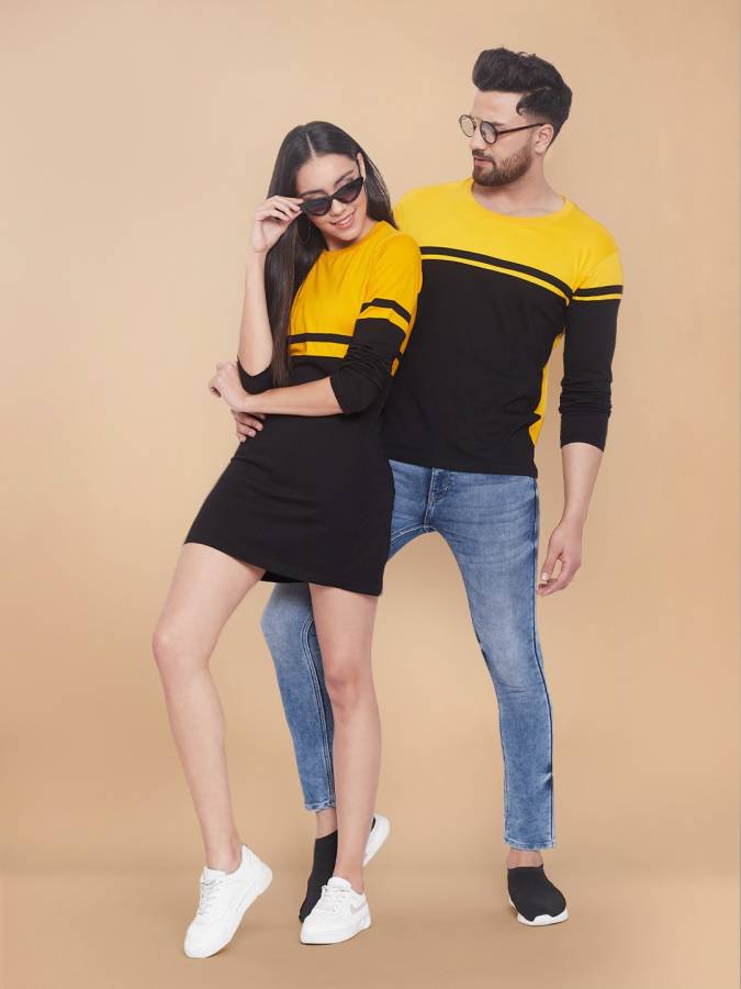 Color Block Couple Round Neck Black, Yellow T-Shirt Price in India