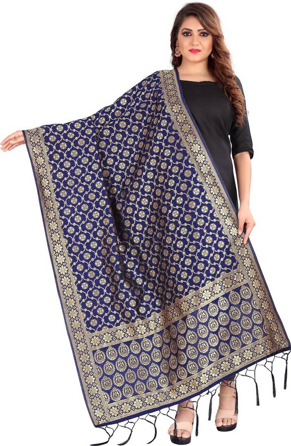 Silk Blend, Jacquard Woven Dark Blue Women Dupatta