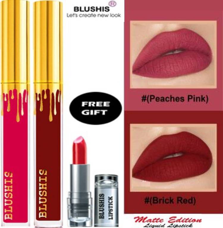 BLUSHIS Beauty Women High Defination Smudge proof Waterproof Long lasting Liquid matte Lipstick Non Transfer Combo Pack of 6 with Common colors for daily use L-A-K-M-E-H-U-D-A beauty combo pack of 2 [Red,Candy Flush]Colour Price in India