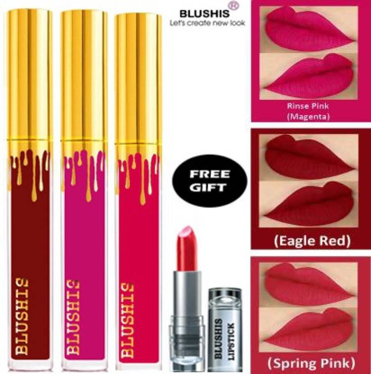 BLUSHIS Beauty Women High Defination Smudge proof Waterproof Long lasting Liquid matte Lipstick Non Transfer Combo Pack of 6 with Common colors for daily use L-A-K-M-E-H-U-D-A beauty combo pack of 3 [ Maroon,Magenta,Pink ] Price in India