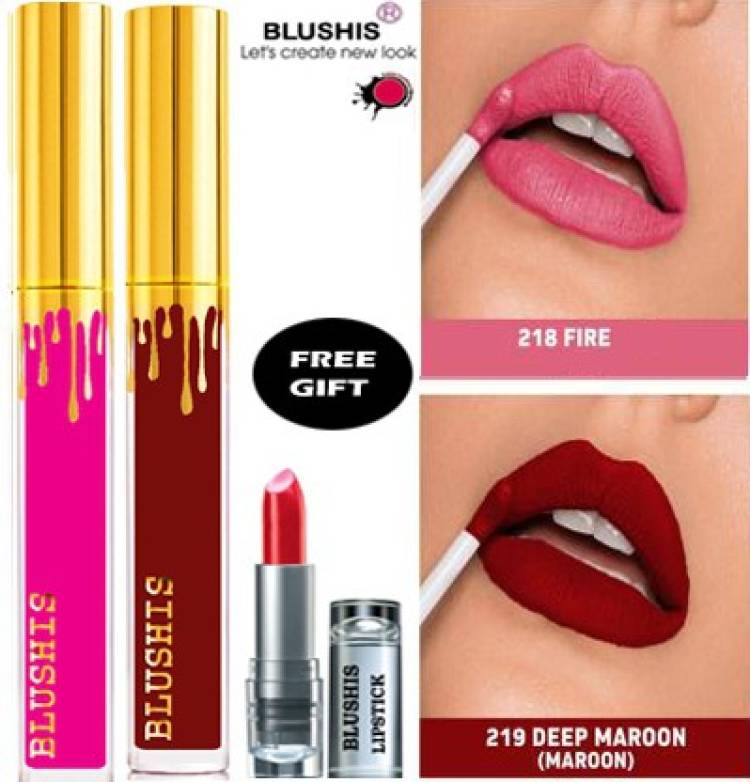 BLUSHIS Beauty Women High Defination Smudge proof Waterproof Long lasting Liquid matte Lipstick Non Transfer Combo Pack of 6 with Common colors for daily use L-A-K-M-E-H-U-D-A beauty Combo pack of 2 [Pink and Maroon] Colour Price in India