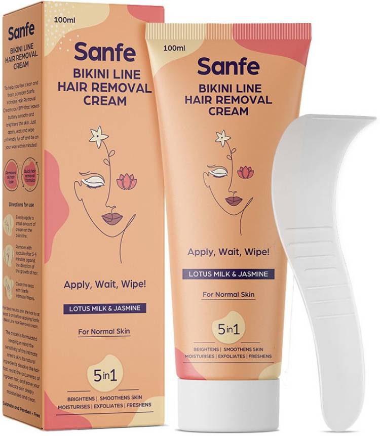 Sanfe Bikini Line Hair Removal Cream For Women with Sensitive Skin - 100gm with lotus milk and jasmine extracts | Smell and Pain Free Instant Removal at home | For bikini, hand and legs area |Rashfree and irritation free hair removal Cream Price in India