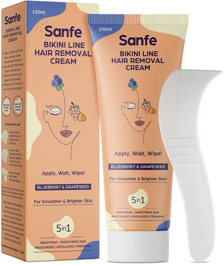 Sanfe Bikini Line Hair Removal Cream for Women's Hair Removal & Skin Brightening - 100gm with Blueberry and Grape seed extracts | Smoother & brightener skin | For pain free, rashfree and irritation free hair removal at home of your intimate area Cream Price in India