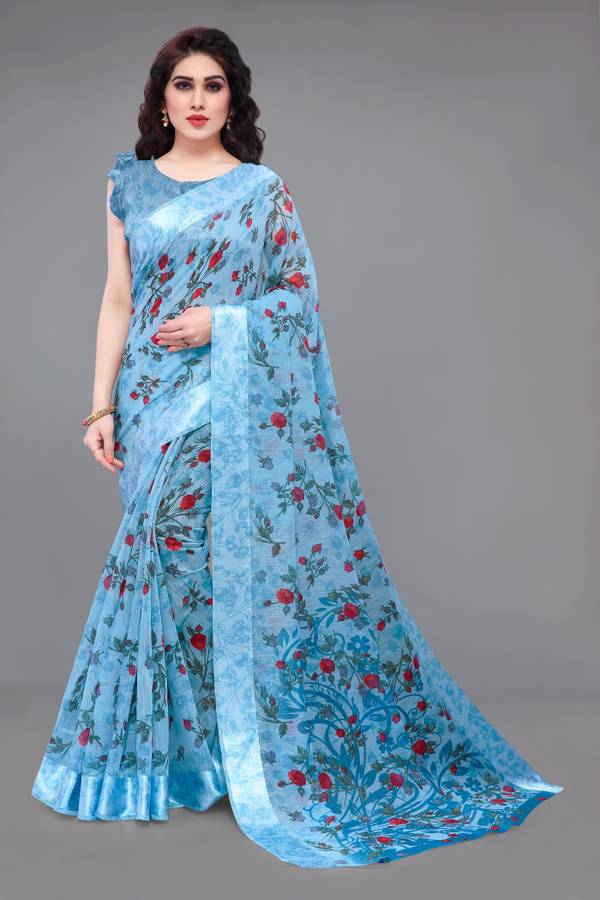 Printed, Floral Print Fashion Cotton Blend, Polycotton Saree