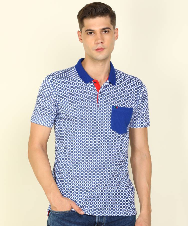 Printed Men Polo Neck Blue, White T-Shirt