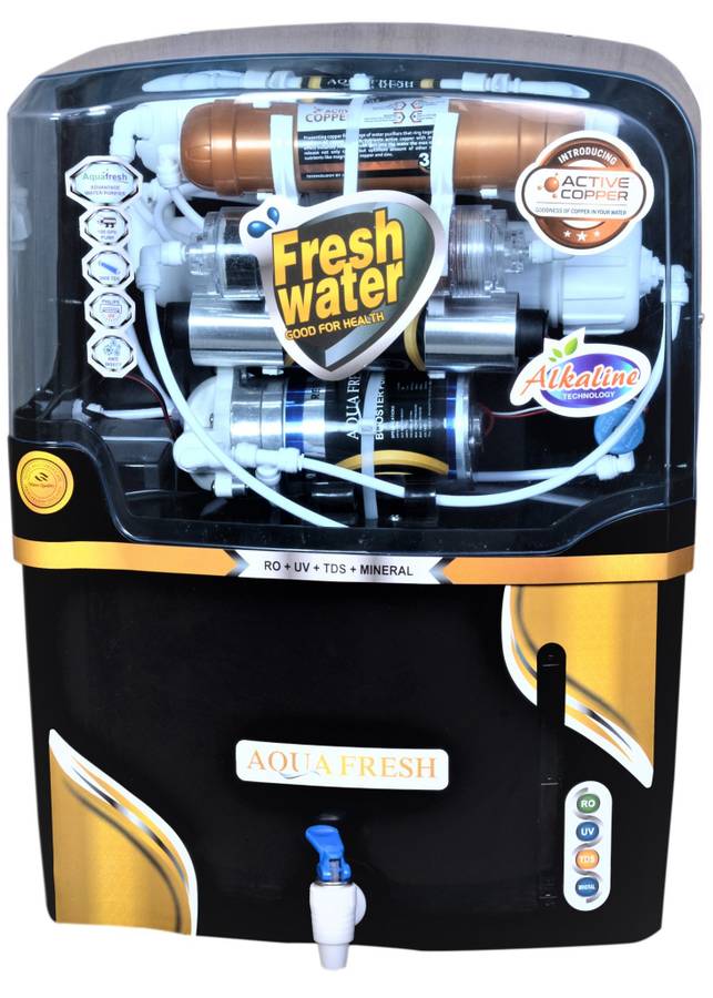 Aqua Fresh NB GOLD COPPER+ALKALINE+RO+ORIGINAL UV+TDS 100 GPD PUMP 12 L WHITE AUTOMATIC ELECTRICAL BOREWELL 3000 TDS MEMBRANE BEST HOME WATER PURIFIER 15 L RO + UV + UF + Minerals + Copper Water Purifier