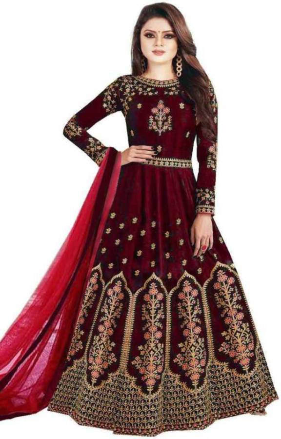 Semi Stitched Satin Gown/Anarkali Kurta & Bottom Material Embroidered Price in India