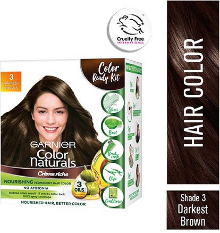 GARNIER Color Naturals Crme Hair Color, Shade 3 Darkest Brown, 70ml + 60g + Coloring Tools , Dark Brown Price in India