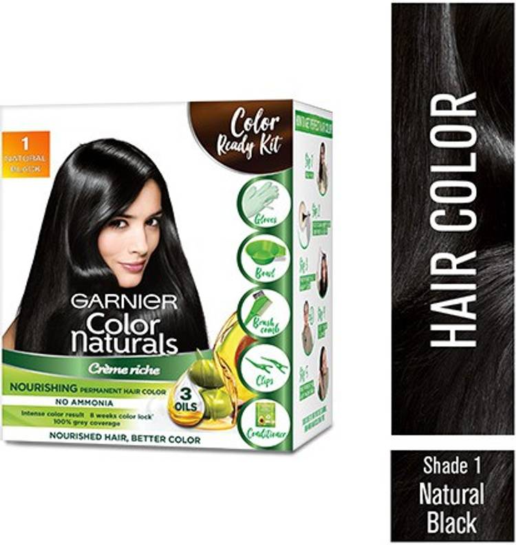 GARNIER Color Naturals Crme Hair Color, Shade 1 Natural Black, 70ml + 60g + Coloring Tools , Natural Black