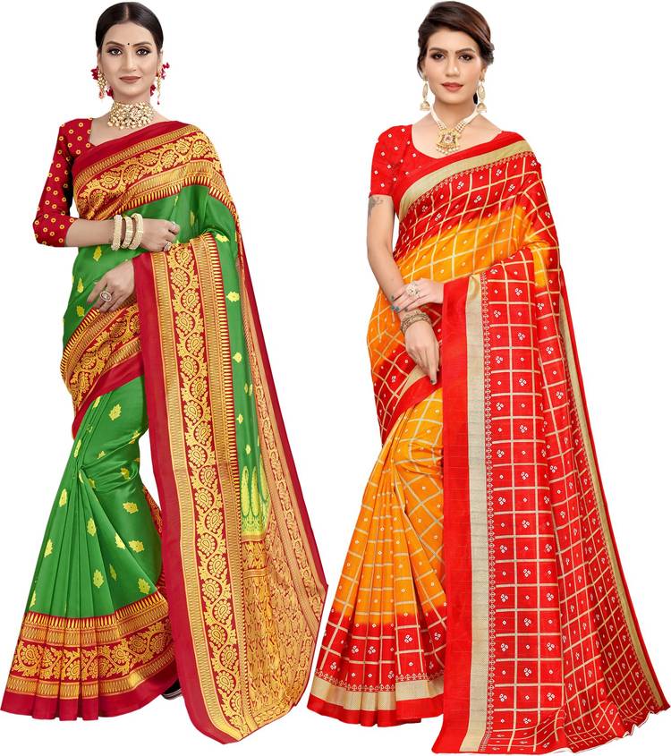 Checkered, Geometric Print, Printed Banarasi Cotton Silk Saree