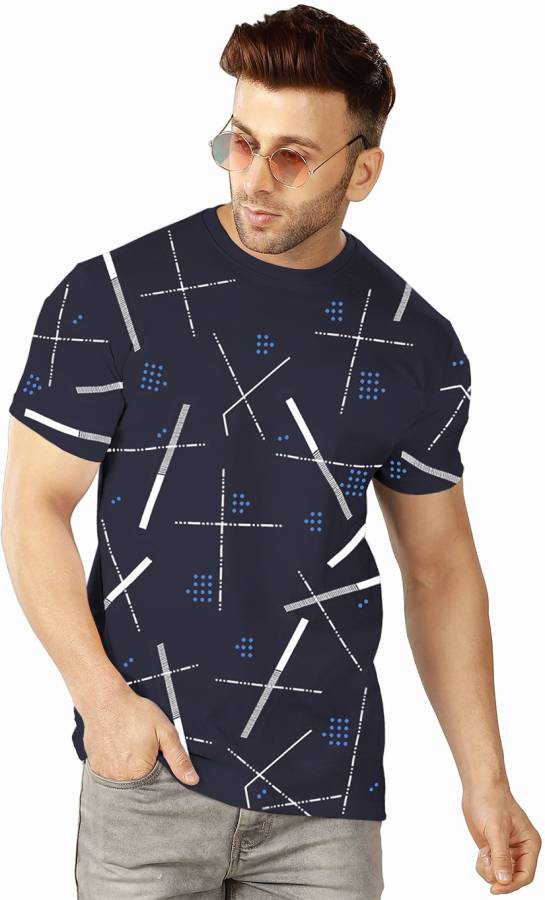 Printed Men Round Neck Dark Blue T-Shirt Price in India