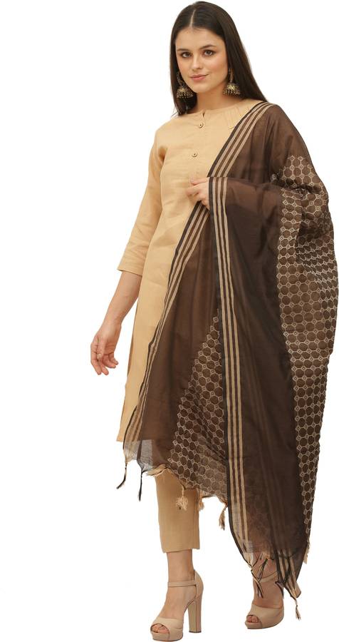 Cotton Silk Woven Brown, Gold Women Dupatta