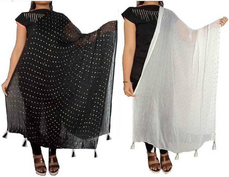 Chiffon Self Design Black, White Women Dupatta