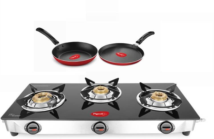 Pigeon Gas Stove Combo - Ultra 3 Burner Gas Stove + Flat Tawa 250 + Fry Pan 240 Stainless Steel Manual Gas Stove