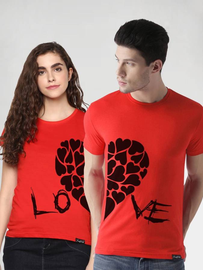 Printed Couple Round Neck Red T-Shirt Price in India