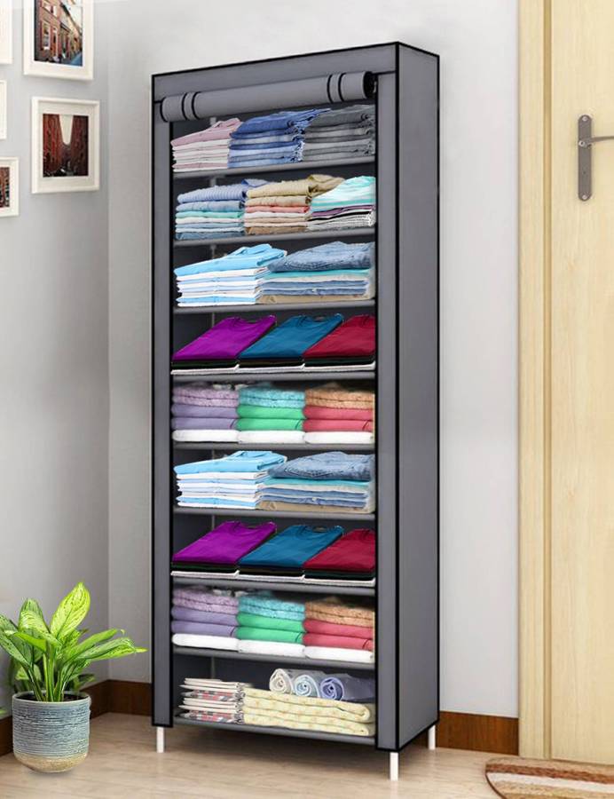 KROOH 1 Door 9 Shelf Fabric PP Metal Carbon Steel Collapsible Wardrobe