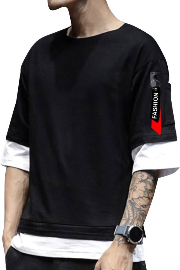 Color Block Men Round Neck Black T-Shirt Price in India