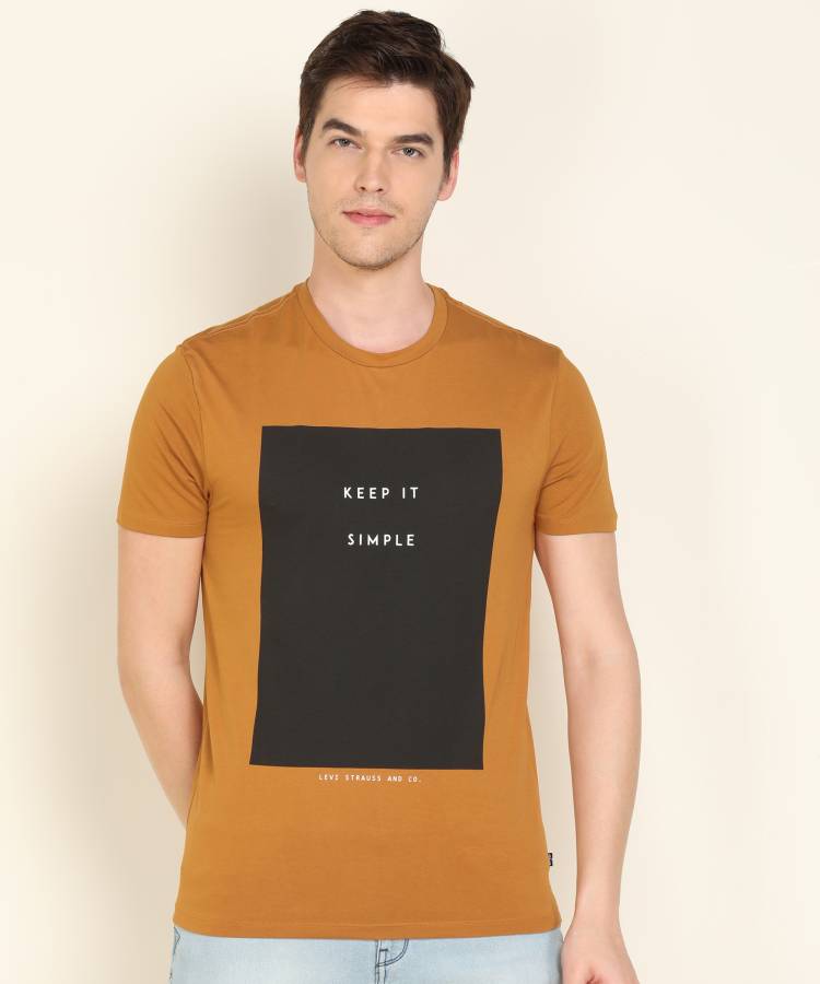 Printed Men Round Neck Brown T-Shirt Price in India