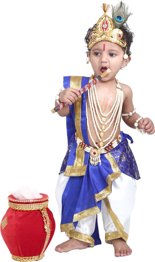 Raj Costumes Little Baby Krishna krishan ji kanha dress for Kids Boys Girls Janmashtami Set of 11 items ( Dhot , patka , Hip Cover , 5 Layer Mala , Kamarbandh , Kundal , MUKUT , Mor Pankh Baju Band, Arm Band , Basuri FLUTE ) Kids Costume Wear