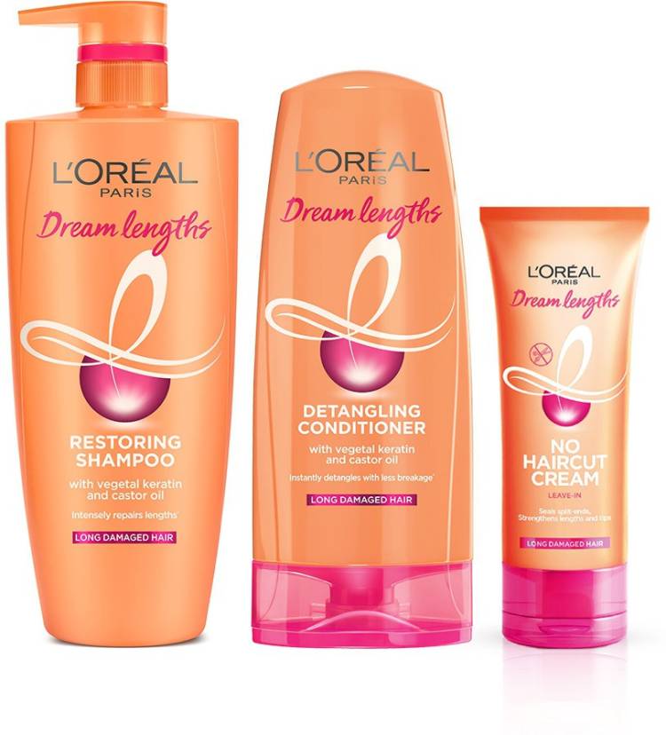 L'Oréal Paris Dream Lengths Long Hair DREAMS KIT (With Paraben Free Restoring Shampoo 704ml + Detangling Conditioner 192.5ml + No haircut Cream Leave In Conditioner 50ml) (Pack of 3 Prodcuts) Price in India