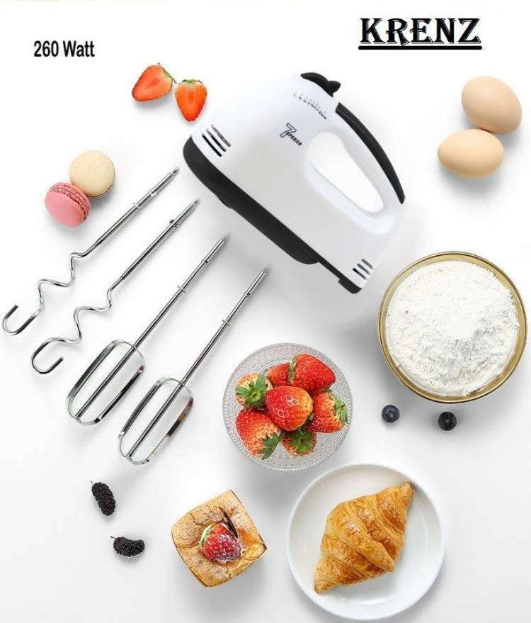 krenz 7-Speed Electric Hand Mixer / egg beater for Ice-cream, Cake Cream, Lassi, Butter Milk Maker with Stainless Steel Attachments 260 W Hand Blender