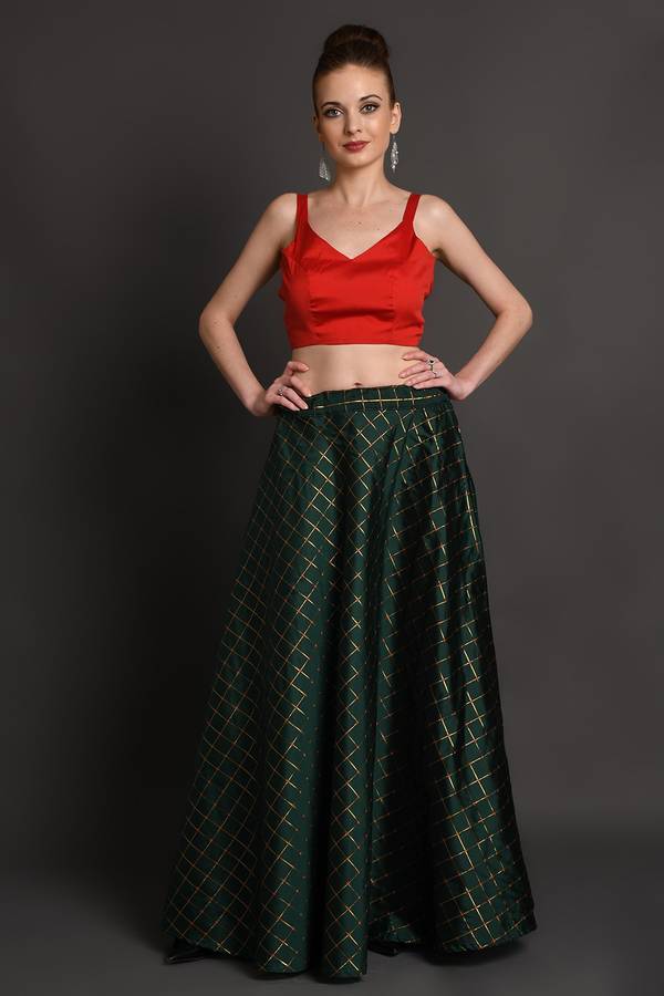 Checkered Semi Stitched Lehenga & Crop Top