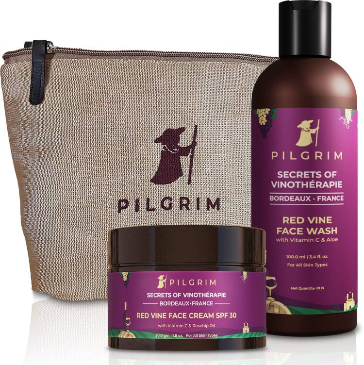 Pilgrim Red Vine Anti Ageing Face Glow Kit with Jute Bag | Deep Cleansing, Moisturising | Reduces Pigmentation | Red Vine Extract Face Wash 100ml, Day Cream SPF 30 50gm | All Skin type | Men & Women Price in India