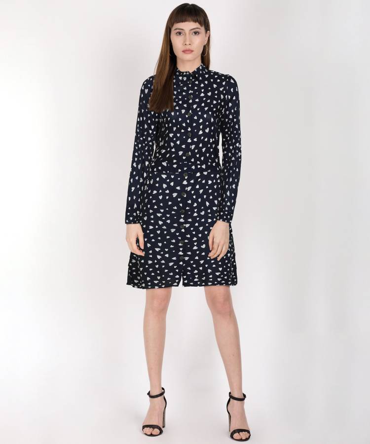 Women Shirt Dark Blue, White Dress Price in India