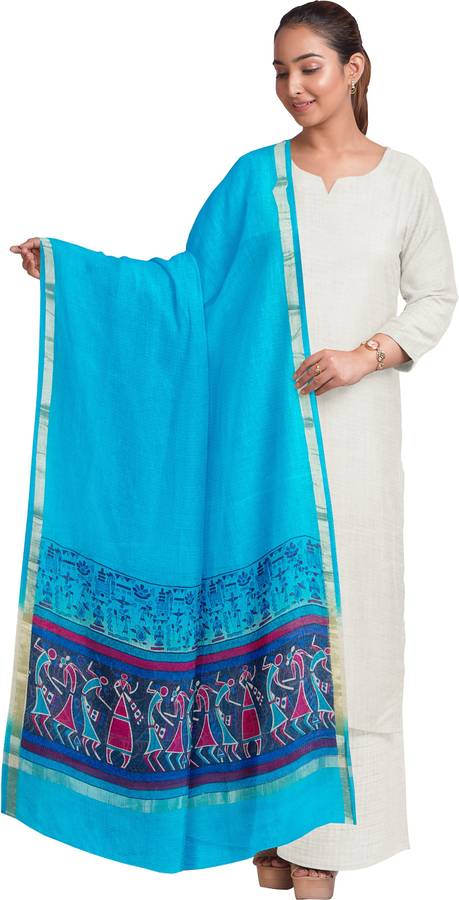 Pure Cotton Printed Light Blue Women Dupatta