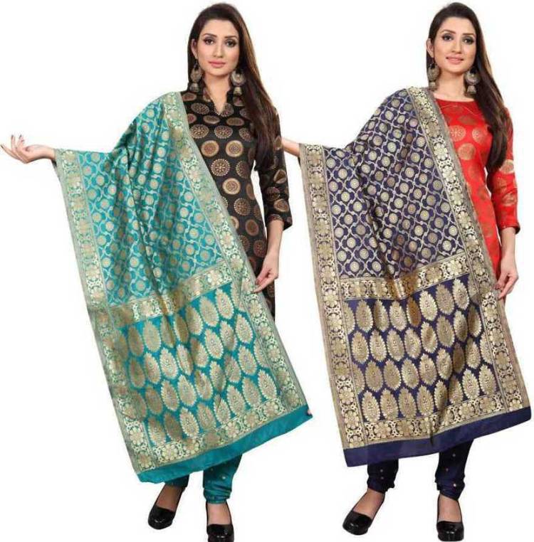 Jacquard Woven Dark Green, Dark Blue Women Dupatta
