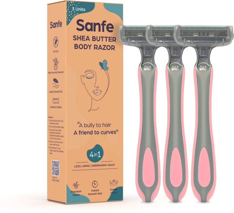 Sanfe Shea Butter Body Razor for Women's Hair Removal - Pack of 3 with New No Cut Technology | Comfortable Handle | Instant & Pain Free Remover | For Arms, Legs , Stomach and Underarms |Protective Sleeve and Anti-Slip Grip | Precision Shave, Smooth & Shi