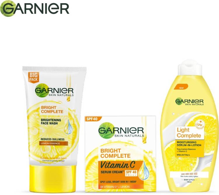 GARNIER Vitamin C Skin Care Mini Combo Pack (Bright Complete : Facewash, 150g + Serum Cream SPF 40, 45g + Light Complete Body Lotion, 250 ml) Face Wash Price in India
