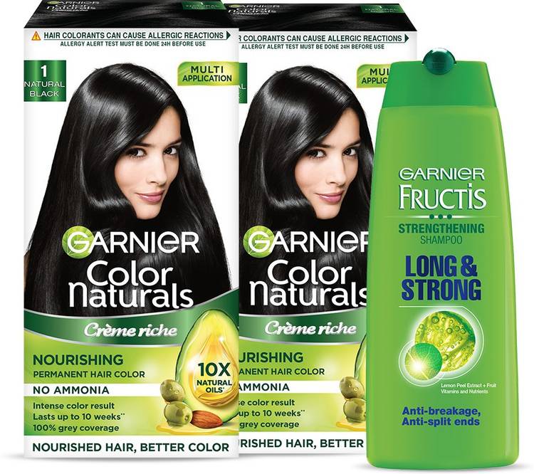 GARNIER Color Naturals - Natural Black Hair Colour, Pack of 2 + Long and Strong Shampoo,