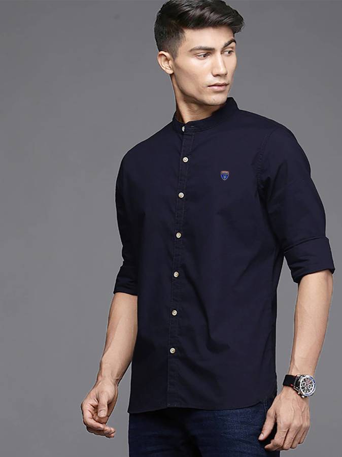 Men Slim Fit Solid Mandarin Collar Casual Shirt Price in India