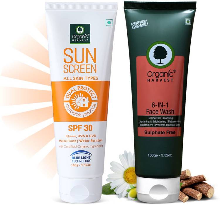 Organic Harvest 6-in-1 Face Wash & Sunscreen SPF 30 All Skin Type Combo, 100% Organic, Paraben & Sulphate Free (Face Wash 100gm + Sunscreen 100gm) - SPF 30 PA+++ Price in India