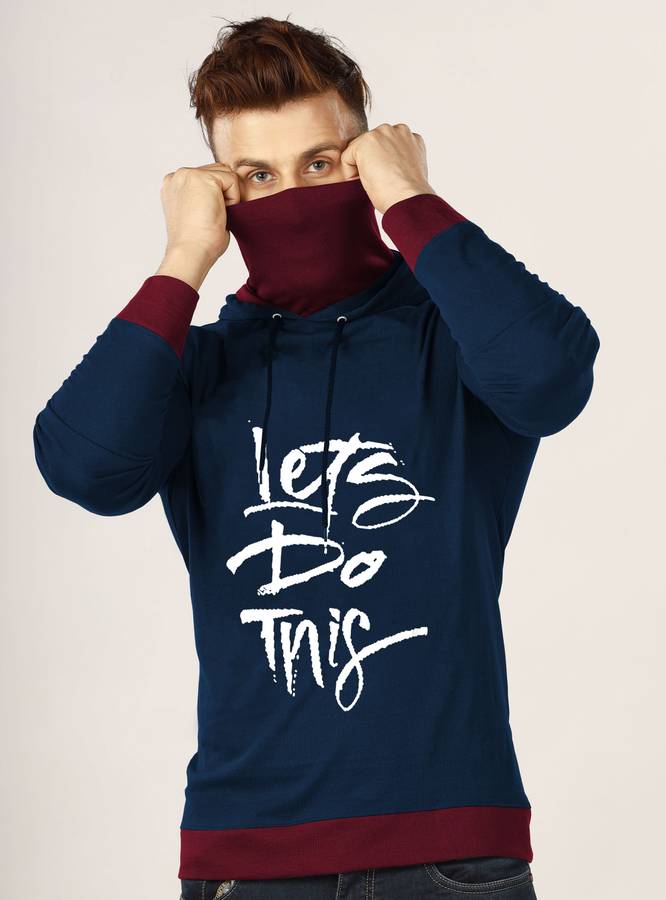 Printed Men Hooded Neck Dark Blue, Maroon T-Shirt