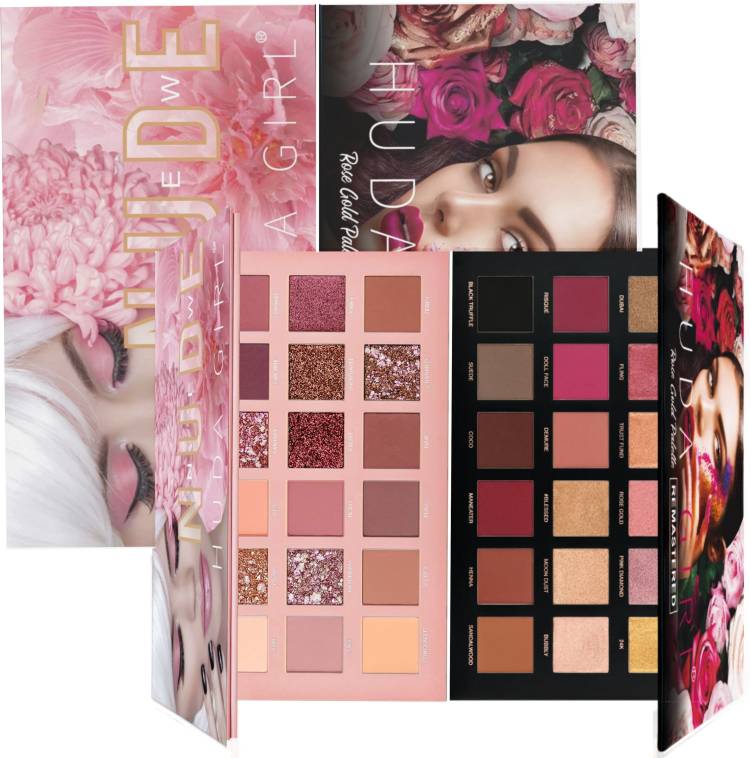 Huda Girl Beauty Nude Edition 18 Color Eyeshadow and Rose Gold Edition 18 Color Matte and Shiny Pigmented Beauty Eyeshadow Palette Combo Pack 20 g Price in India