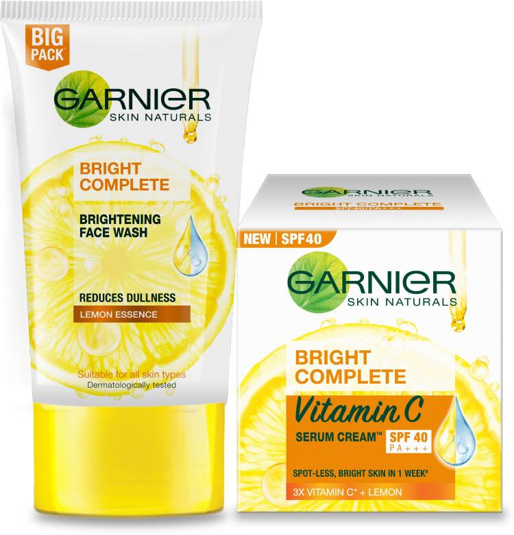 GARNIER Bright Complete VITAMIN C Facewash, 150g + Bright Complete VITAMIN C SPF40/PA+++ Serum Cream, 45g (Pack of 2) Face Wash Price in India