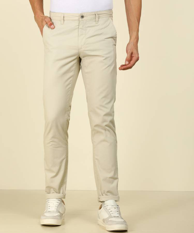 Tapered Men Cream Pure Cotton Trousers