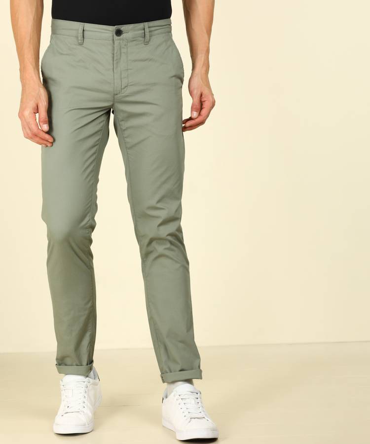 Tapered Men Light Green Pure Cotton Trousers